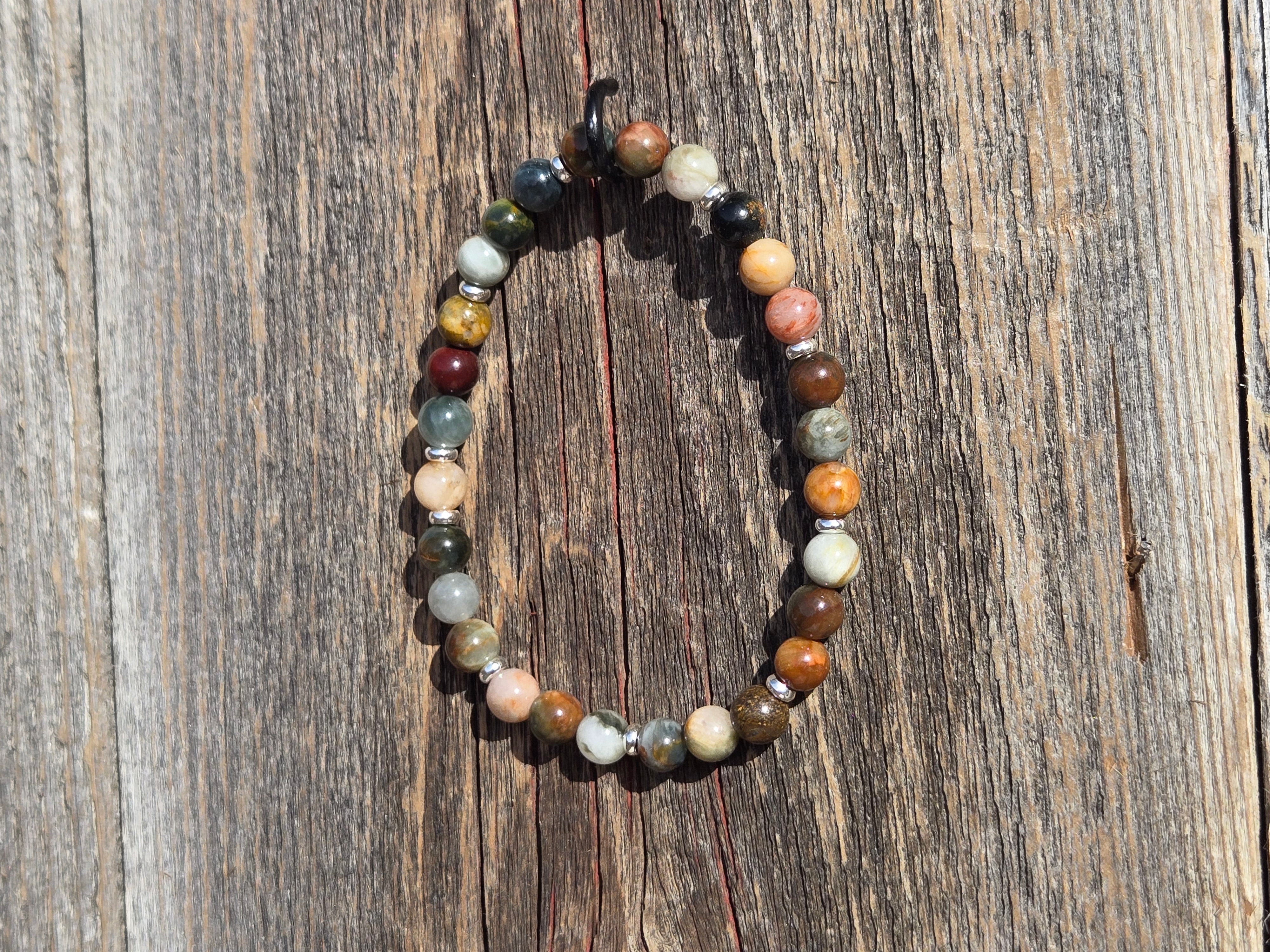 BR-002 Mixed Eagle Eye, Picasso, Bronzite & Red Jasper Stone Bead Stretch Bracelet