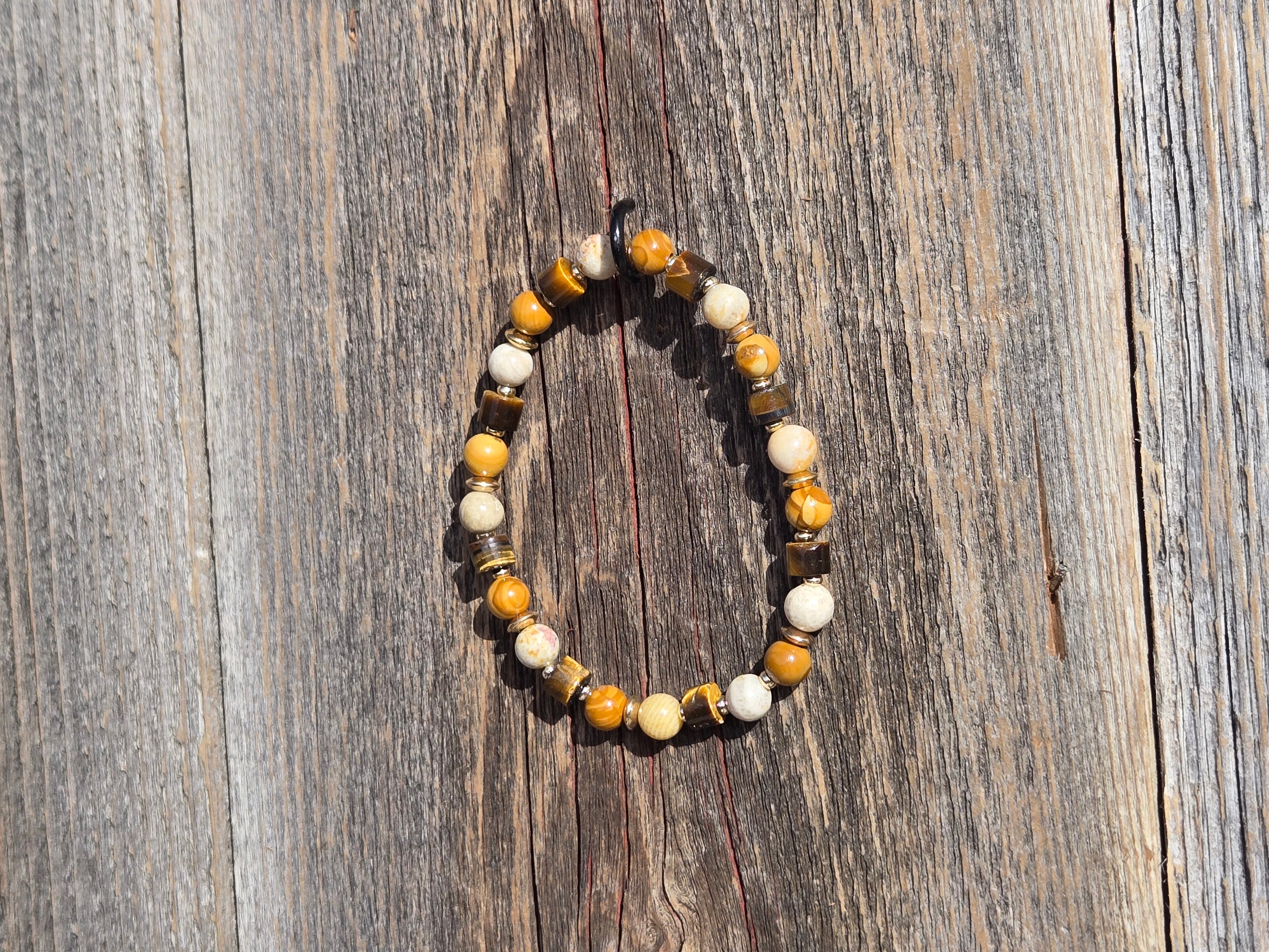 BR-003 Tiger Eye, Petrified Wood and Bamboo Leaf Agate Stone Bead Stretch Bracelet