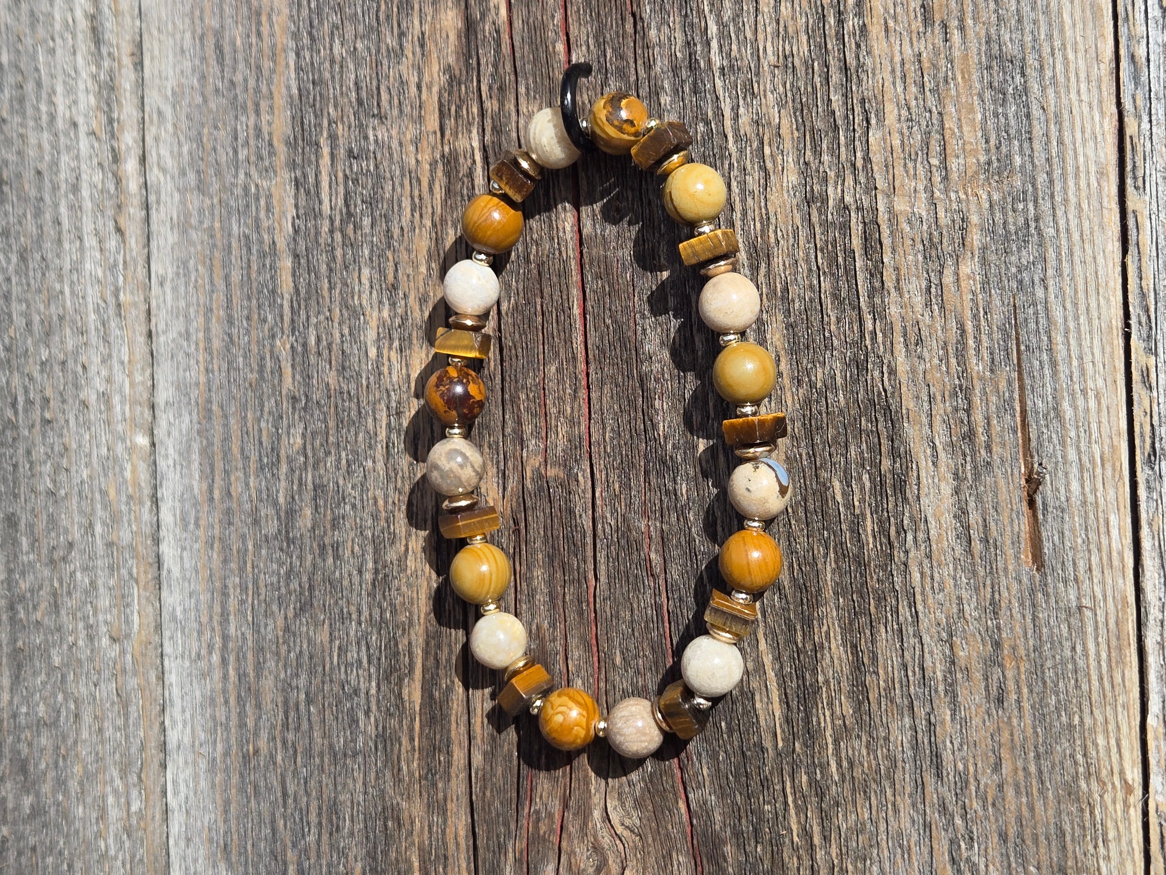 BR-004 Tiger Eye, Petrified Wood and Bamboo Leaf Agate Stone Bead Stretch Bracelet