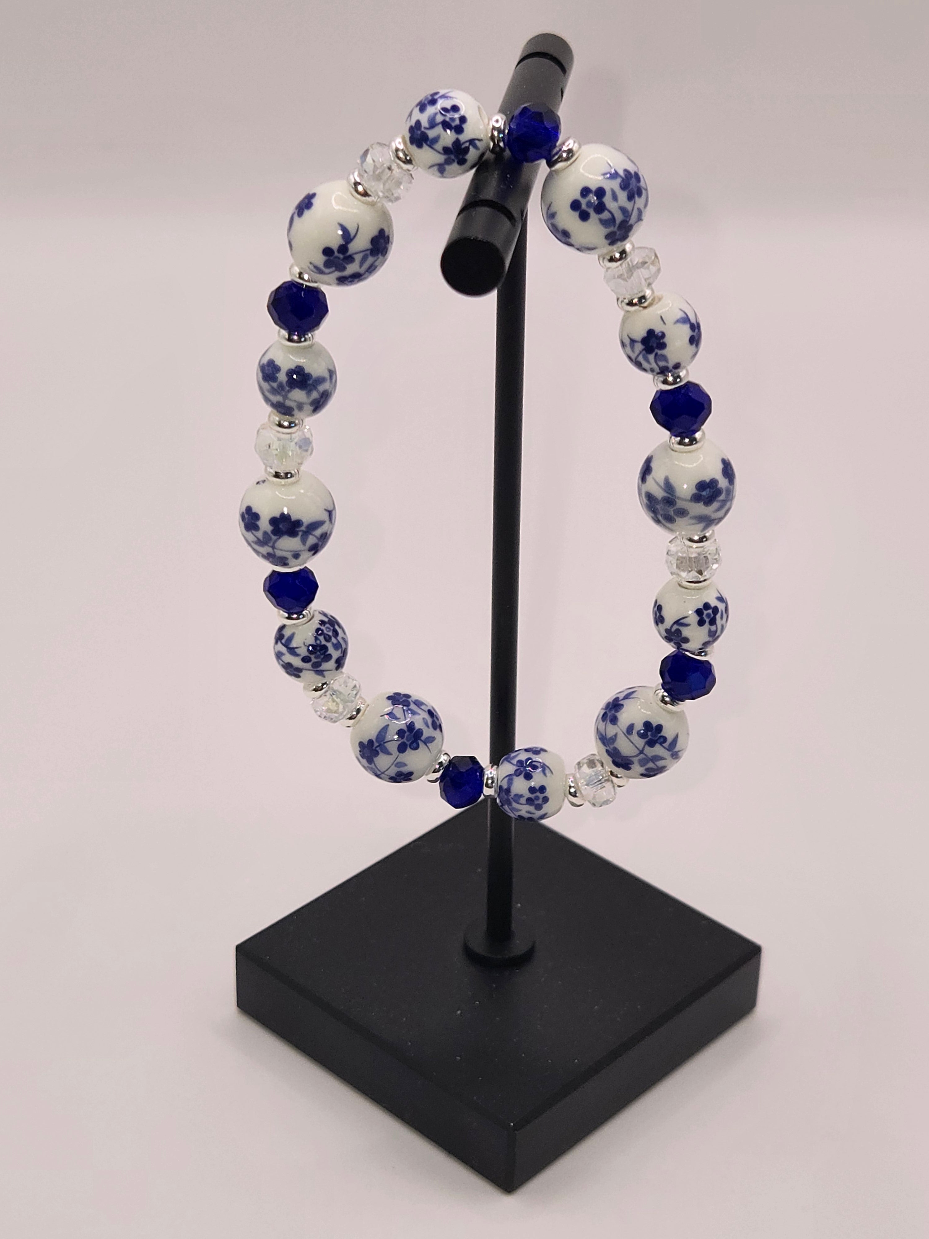 BR-013 Multi Media · Crystal Cobalt Blue · Blue Floral Ceramic Beaded Stretch Bracelet