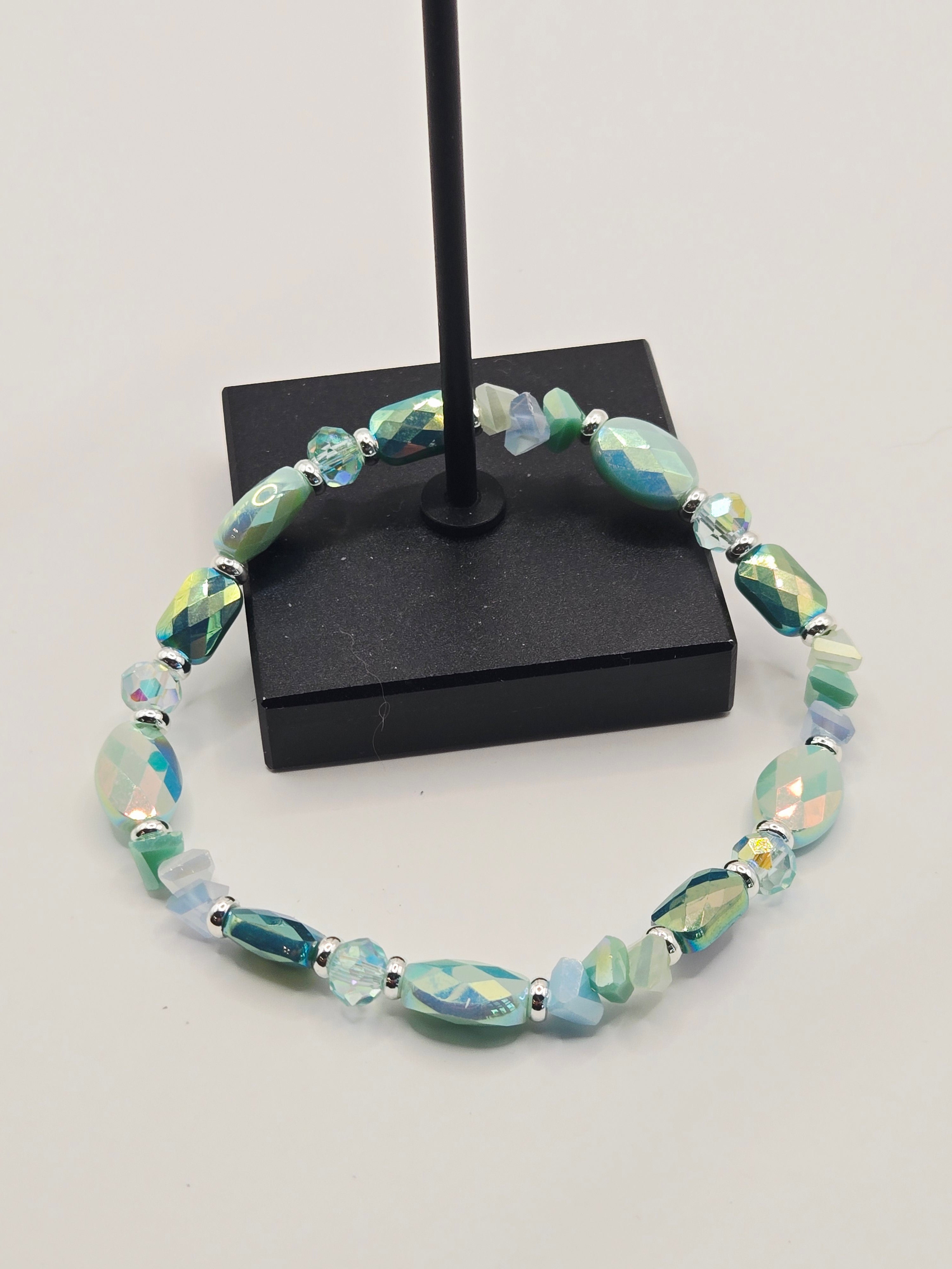 BR-014 Coastal Sea Glass Czech Glass · AB Coated  · Matte Glass Stretch Bracelet