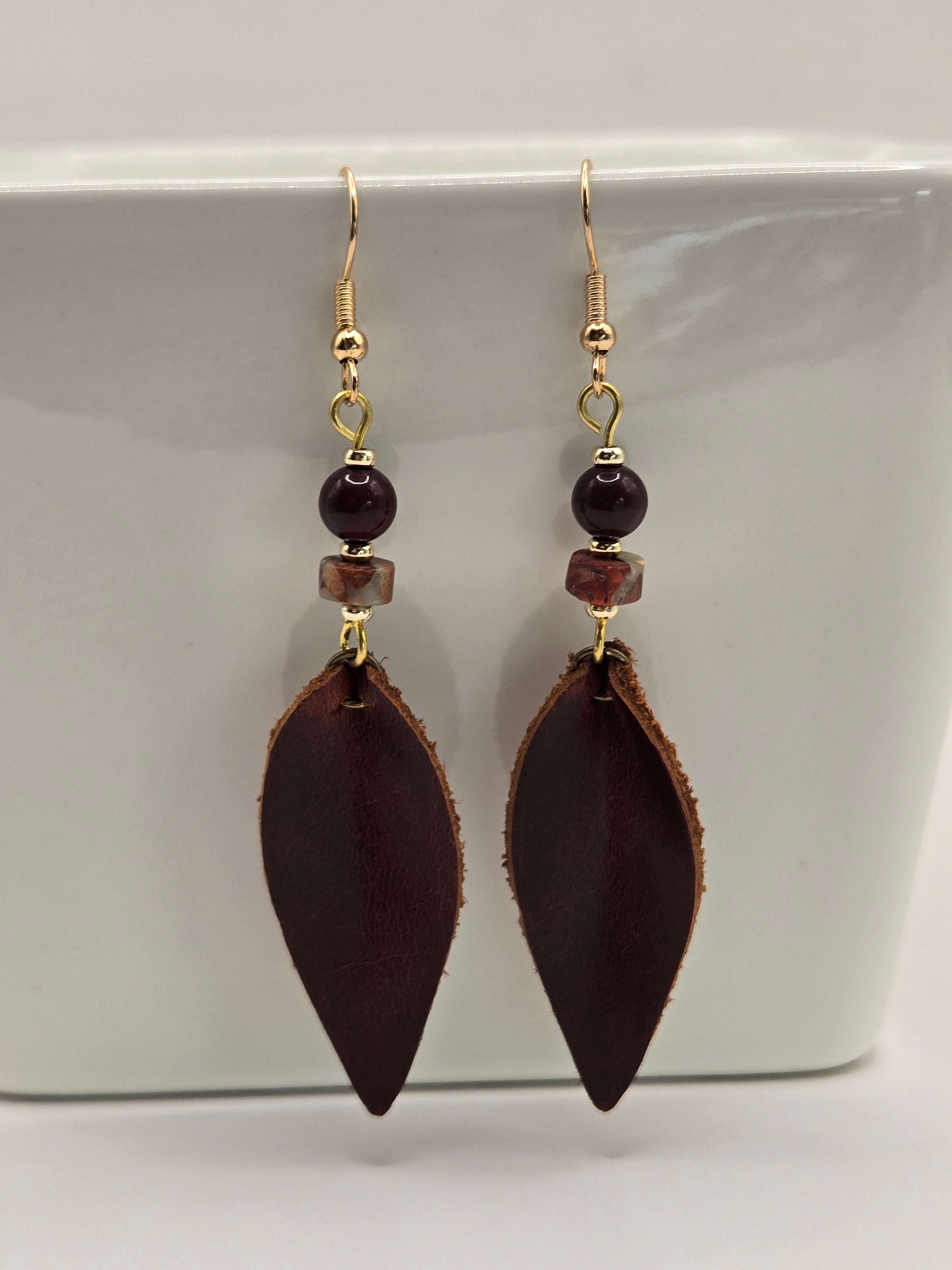 ER - 001 Burgandy Mookaite · Brecciated Jasper · Chestnut Leather Teardrop Earrings