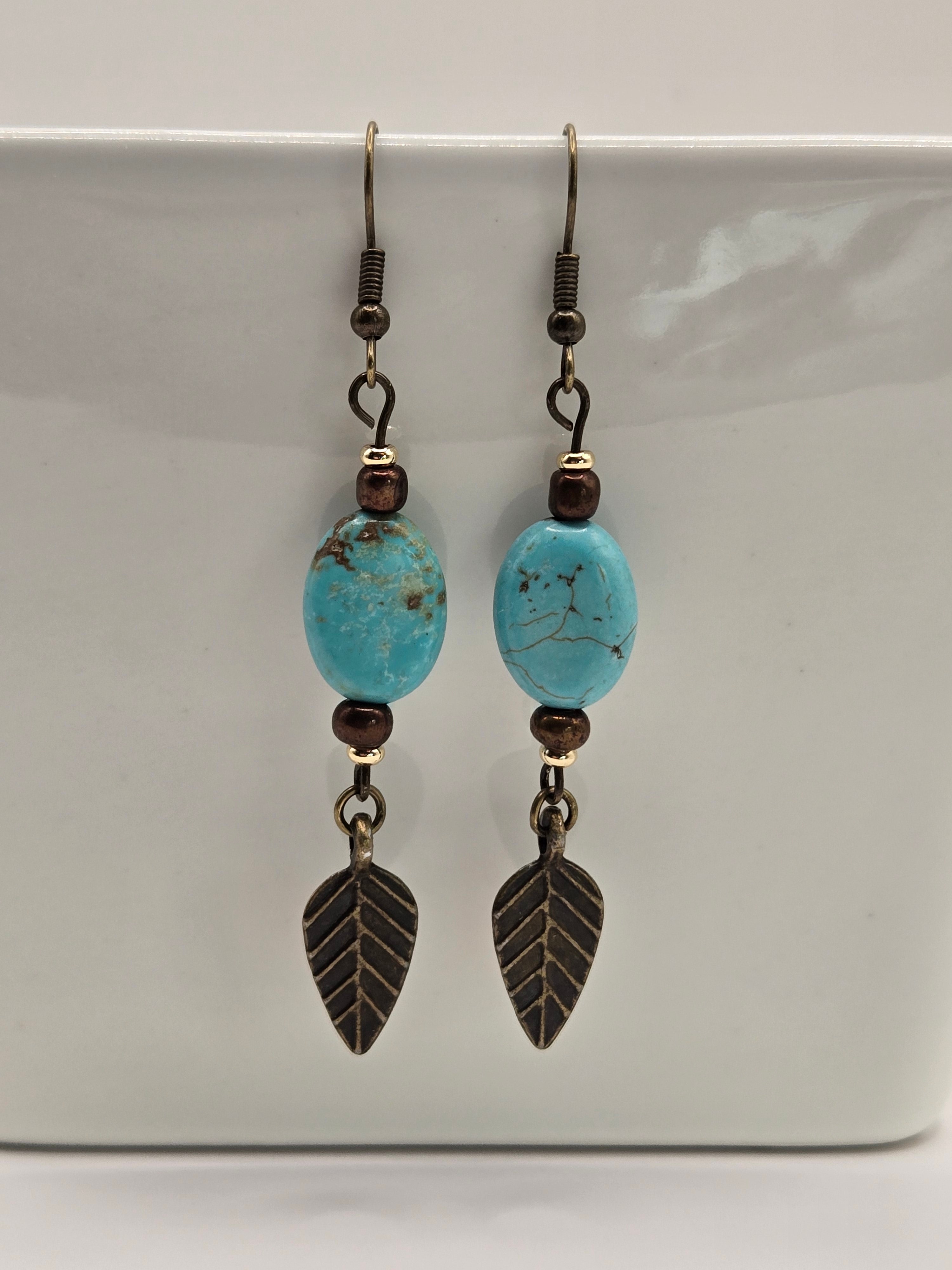 ER-005 Turquoise (Stabilized) · Antique Bronze Bead · Bronze Leaf Charm Earrings