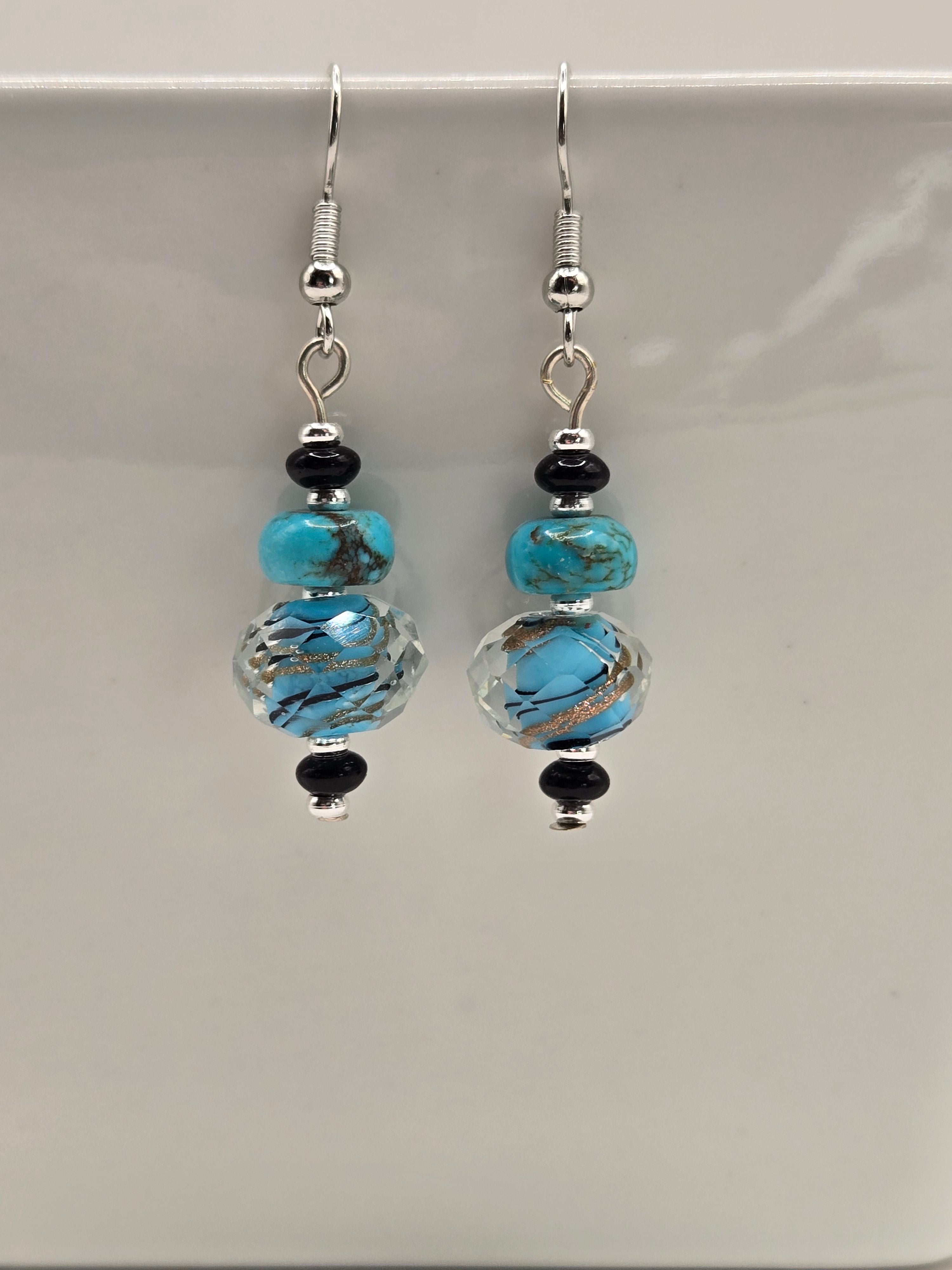 ER-007  Mixed Media Turquoise (Stabilized) · Black Onyx · Faceted Glass Lampwork Earrings