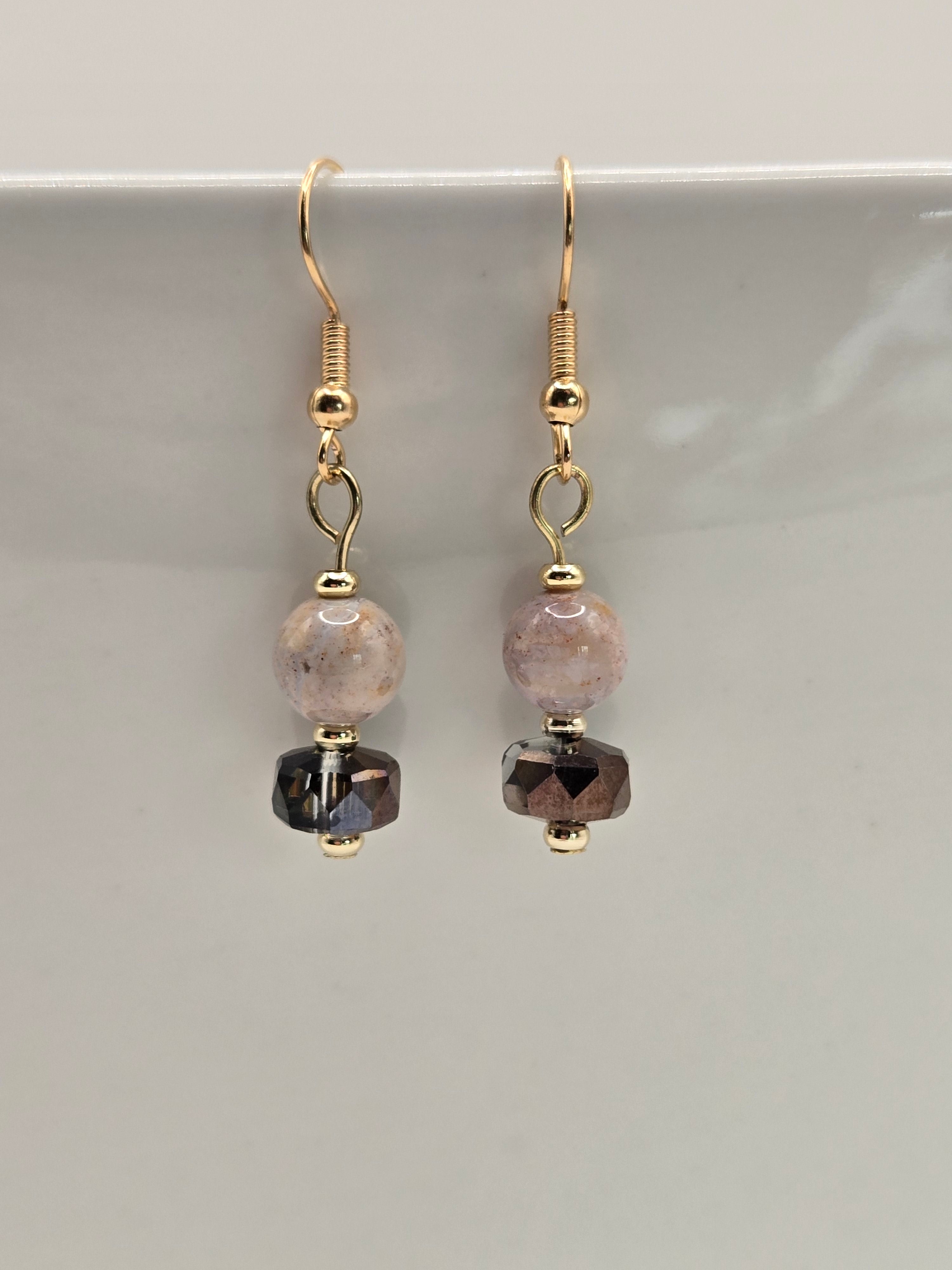 ER-010 Sandy Picture Jasper · Fire Polished Espresso Rondelle Earrings