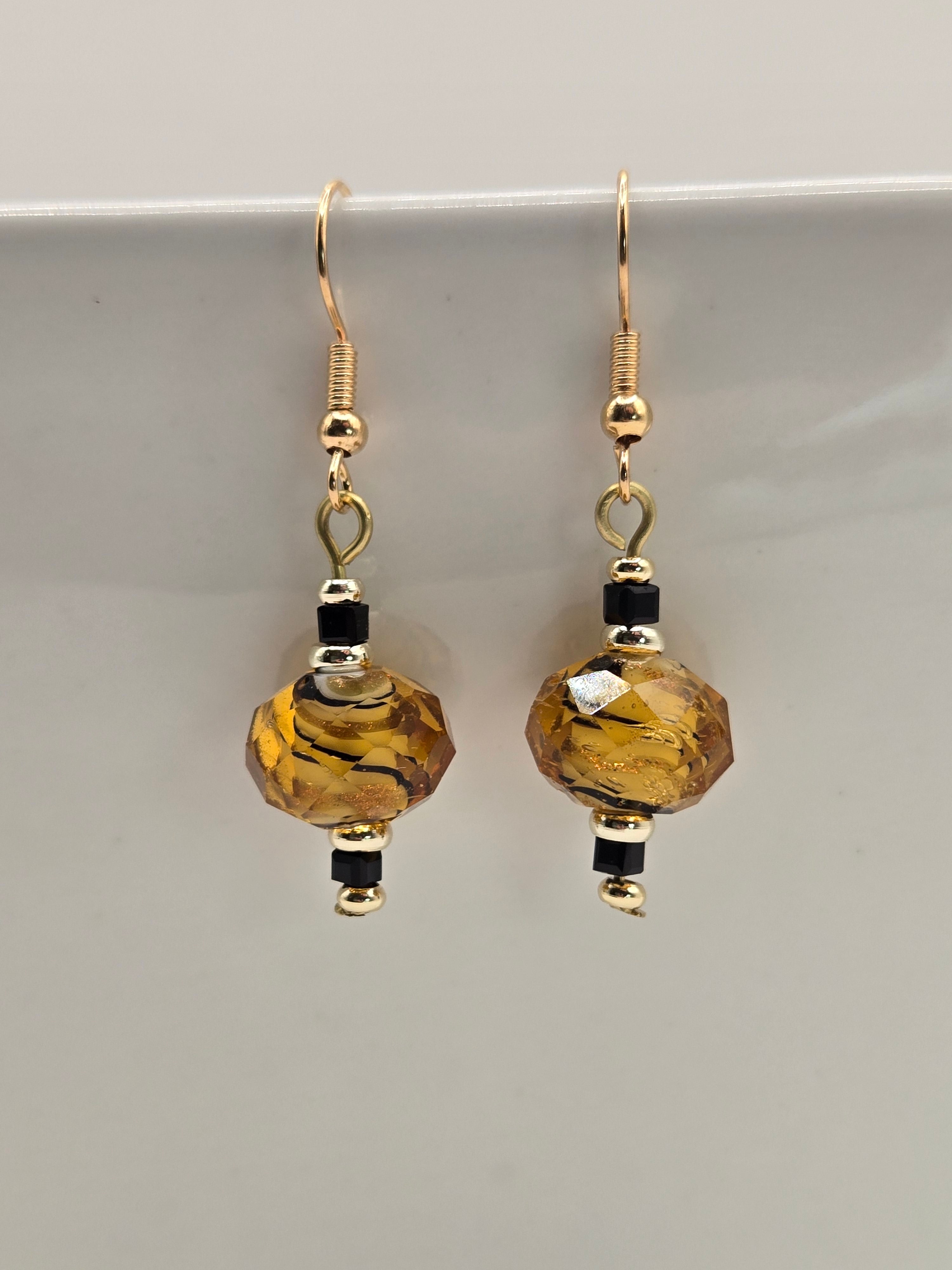 ER-016 Amber Gold Lampwork Bead Earrings